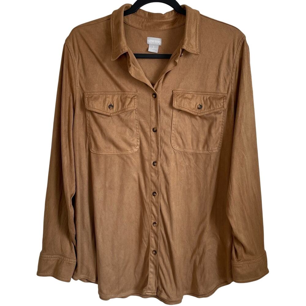 Chico's Faux Suede Button Up Shirt Top Sz XL (16-18) Camel Collared Casual